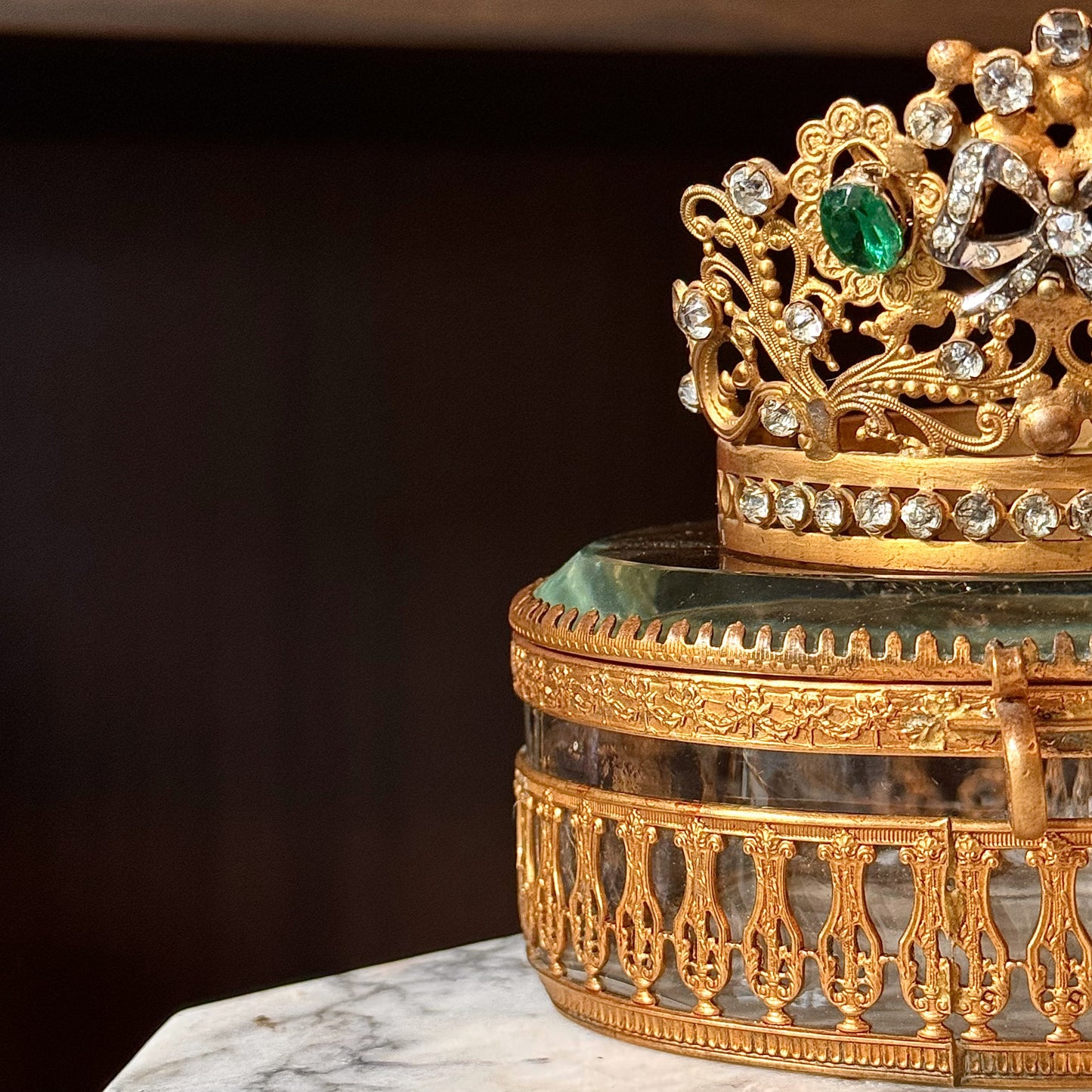 Antique Bronze Doré Jewelry Casket with Beveled & Blown Glass