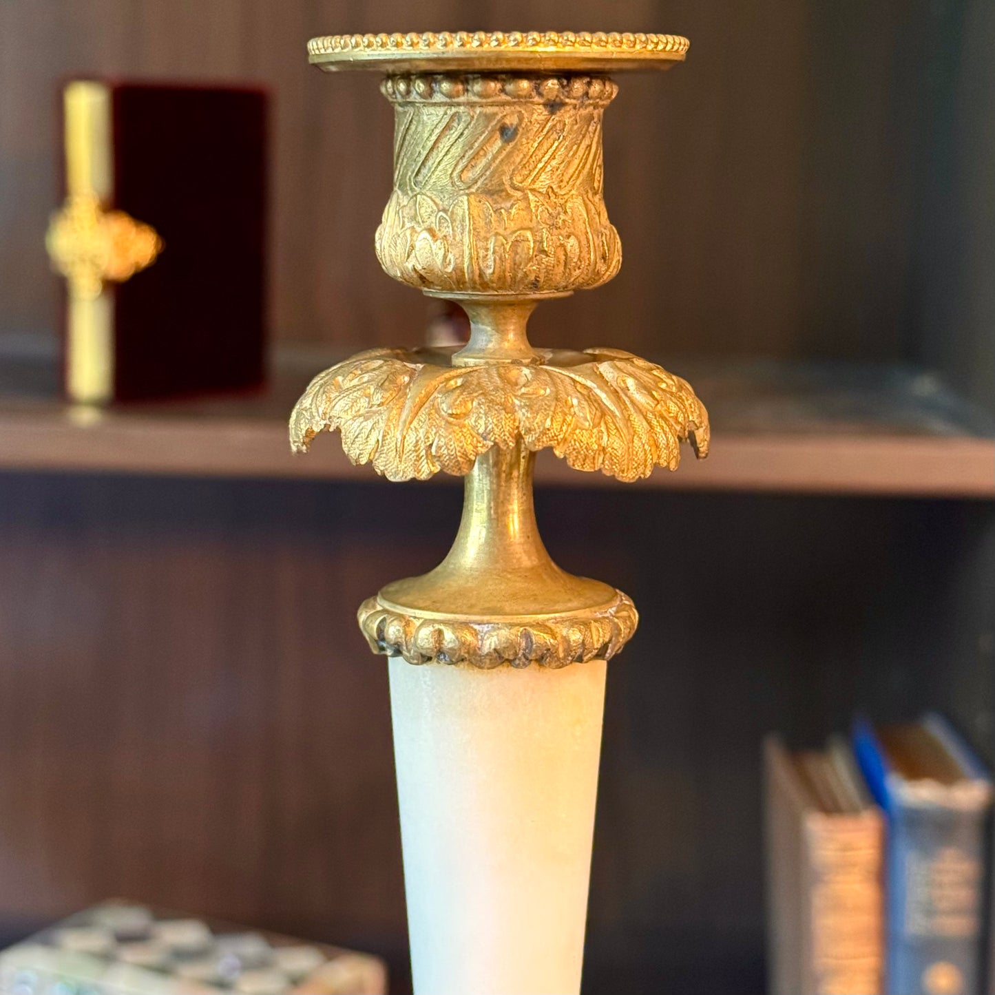 Antique Pair of French Doré Bronze & Marble Candlesticks