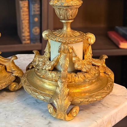 Antique Pair of French Doré Bronze & Marble Candlesticks