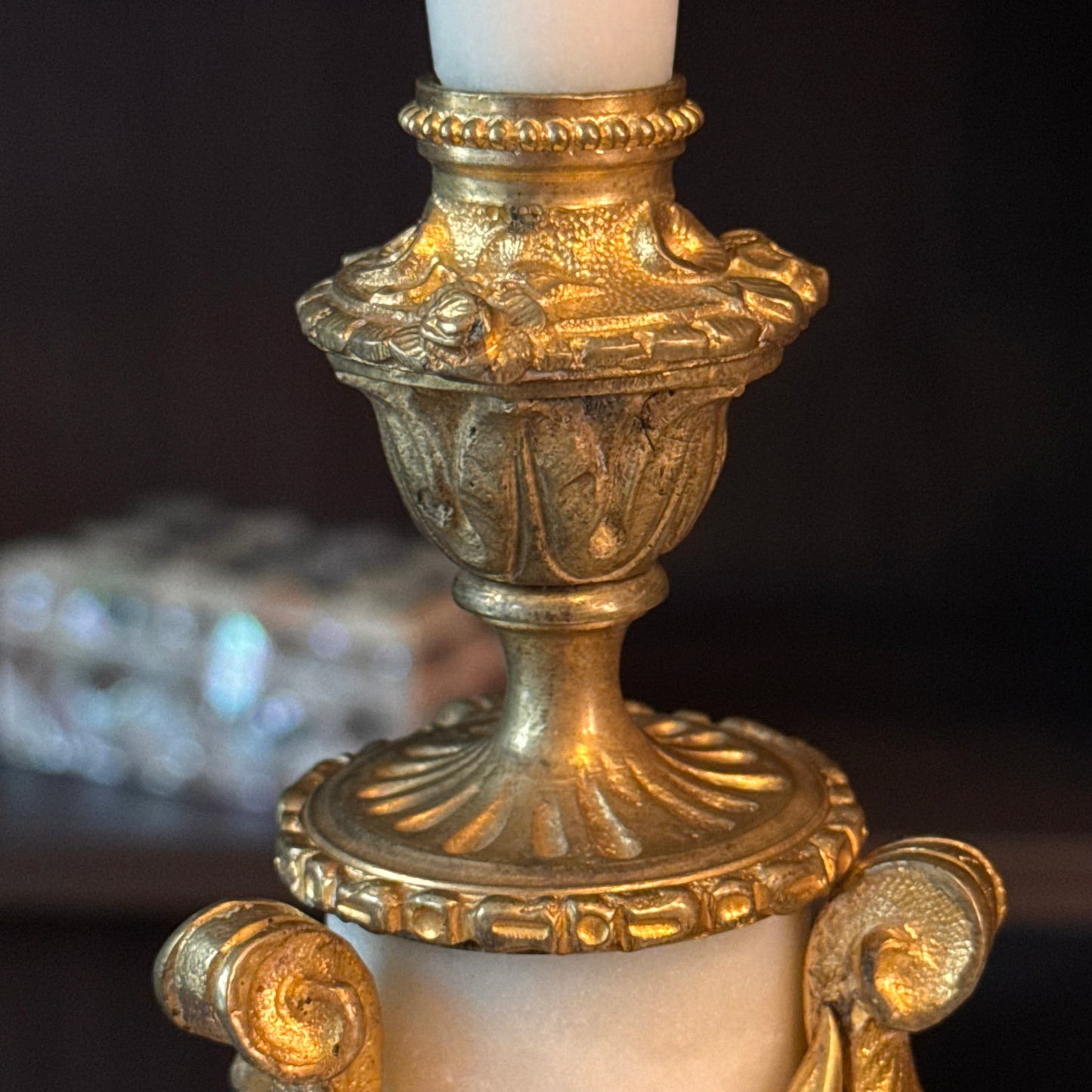 Antique Pair of French Doré Bronze & Marble Candlesticks