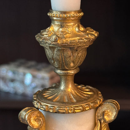 Antique Pair of French Doré Bronze & Marble Candlesticks
