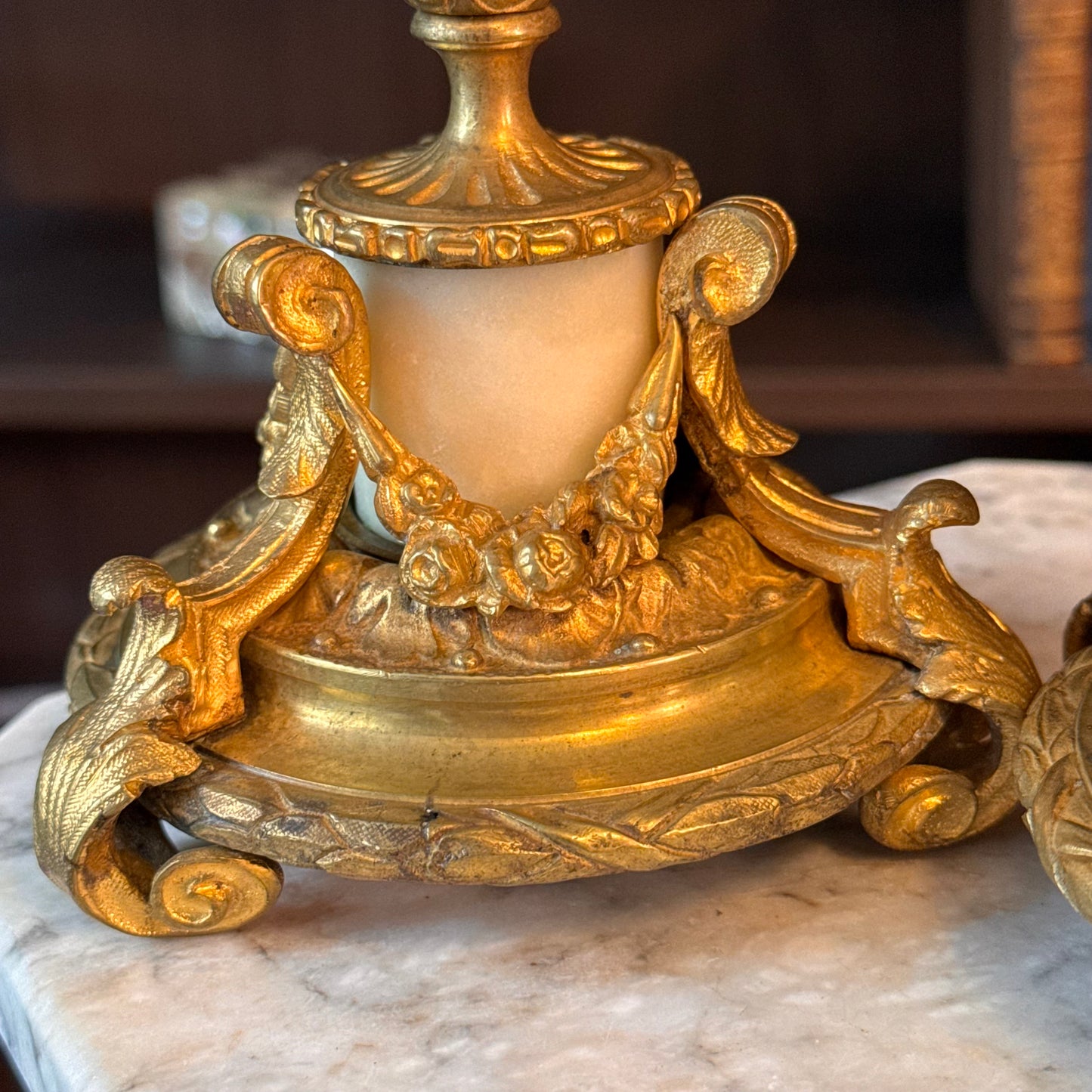 Antique Pair of French Doré Bronze & Marble Candlesticks
