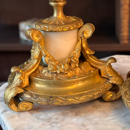 Antique Pair of French Doré Bronze & Marble Candlesticks