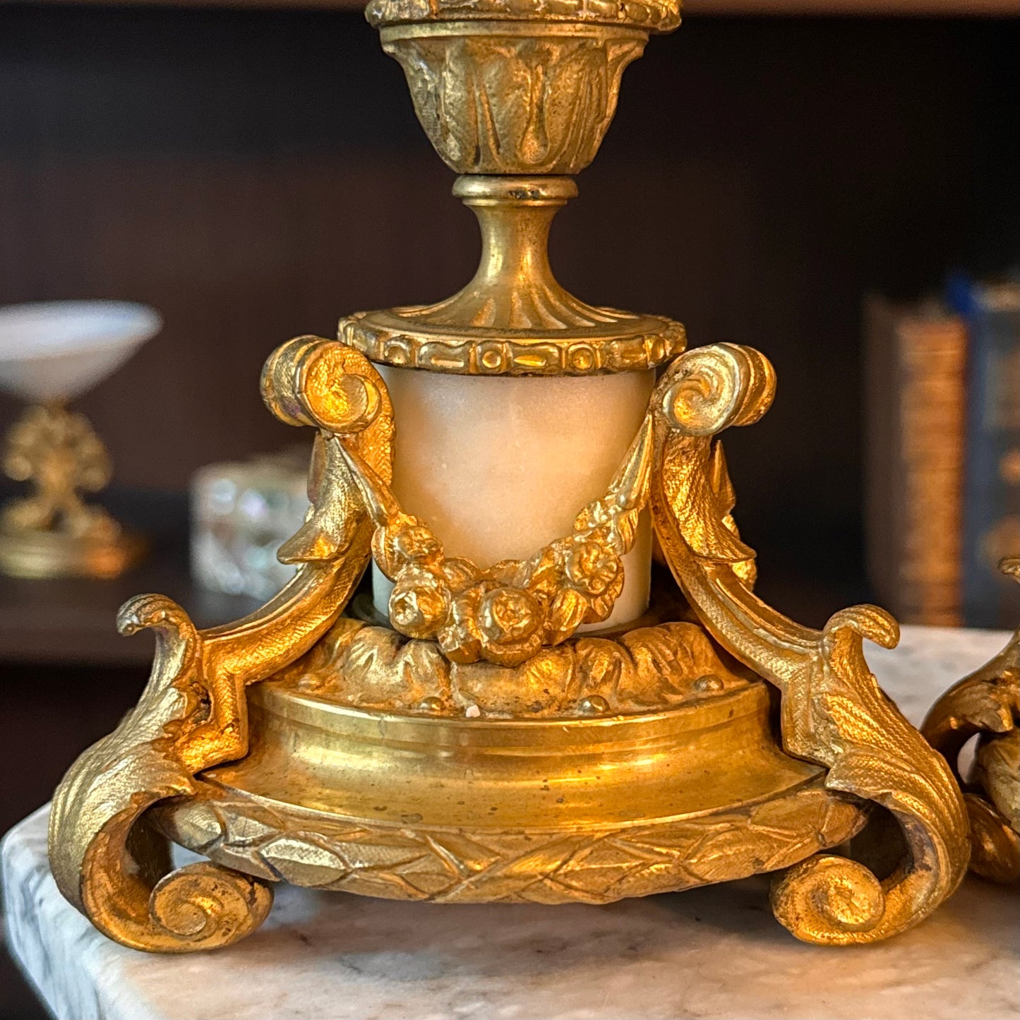 Antique Pair of French Doré Bronze & Marble Candlesticks