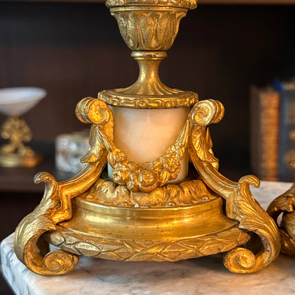 Antique Pair of French Doré Bronze & Marble Candlesticks