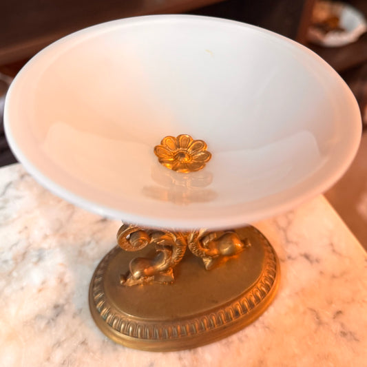 Antique French Miniature Opaline Glass Compote with Doré Bronze Mount