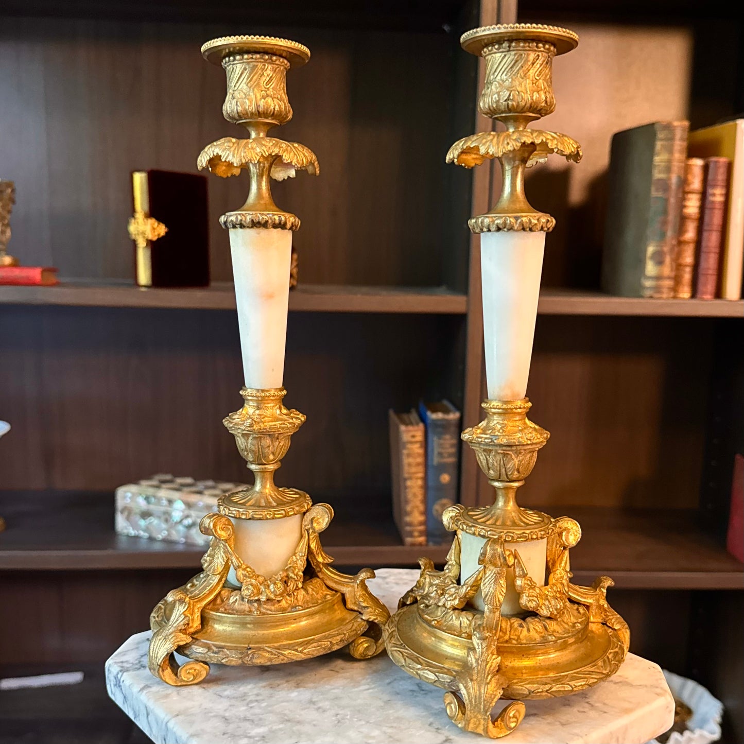 Antique Pair of French Doré Bronze & Marble Candlesticks