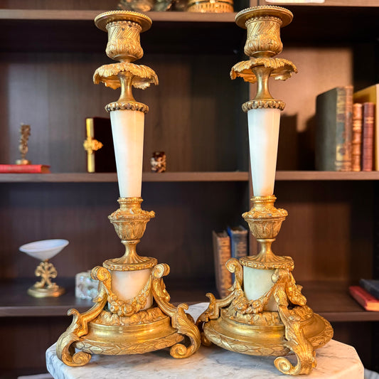 Antique Pair of French Doré Bronze & Marble Candlesticks