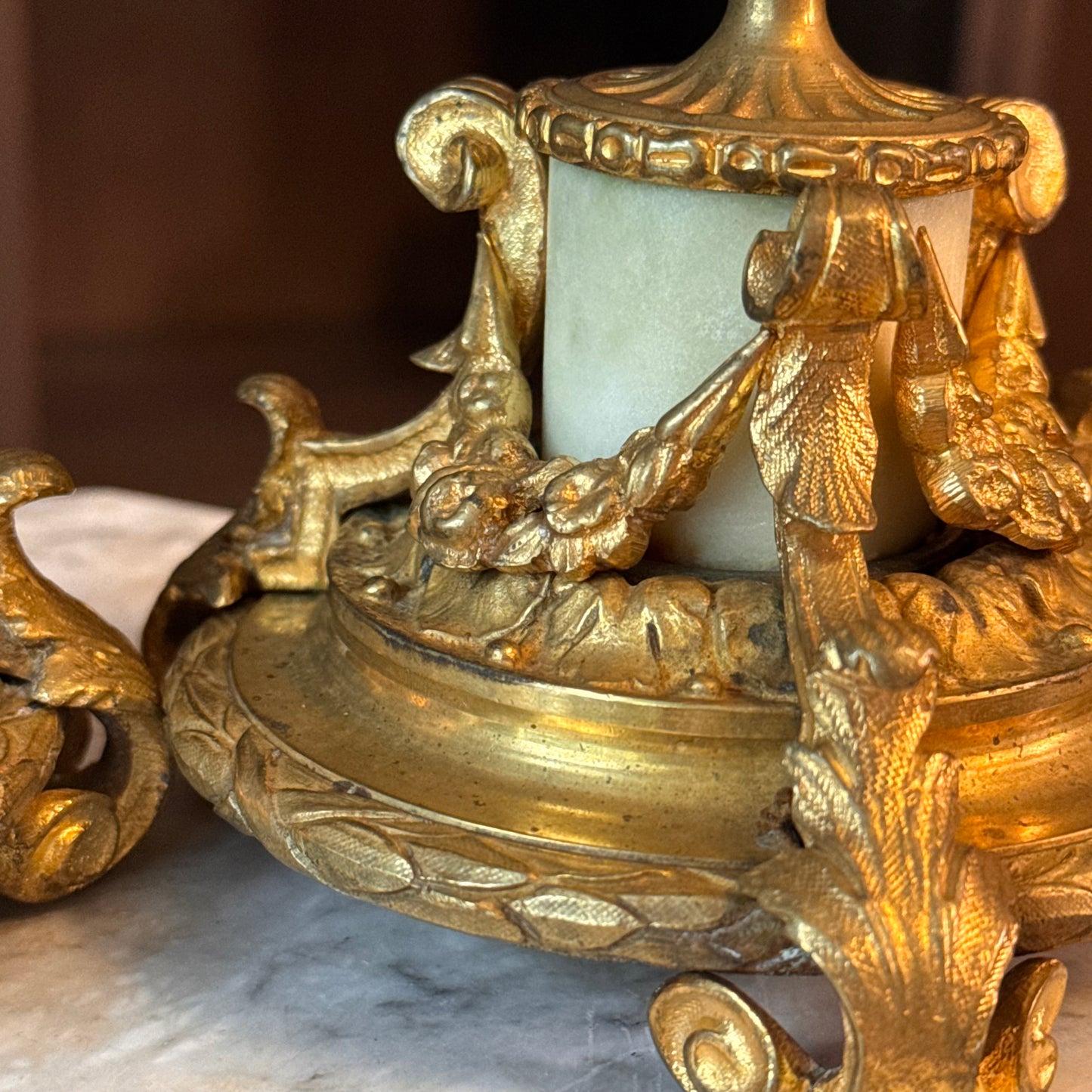 Antique Pair of French Doré Bronze & Marble Candlesticks