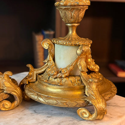 Antique Pair of French Doré Bronze & Marble Candlesticks