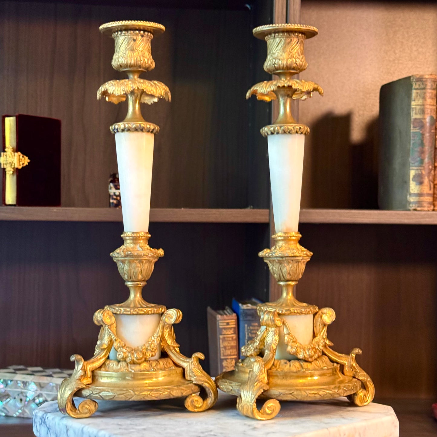 Antique Pair of French Doré Bronze & Marble Candlesticks