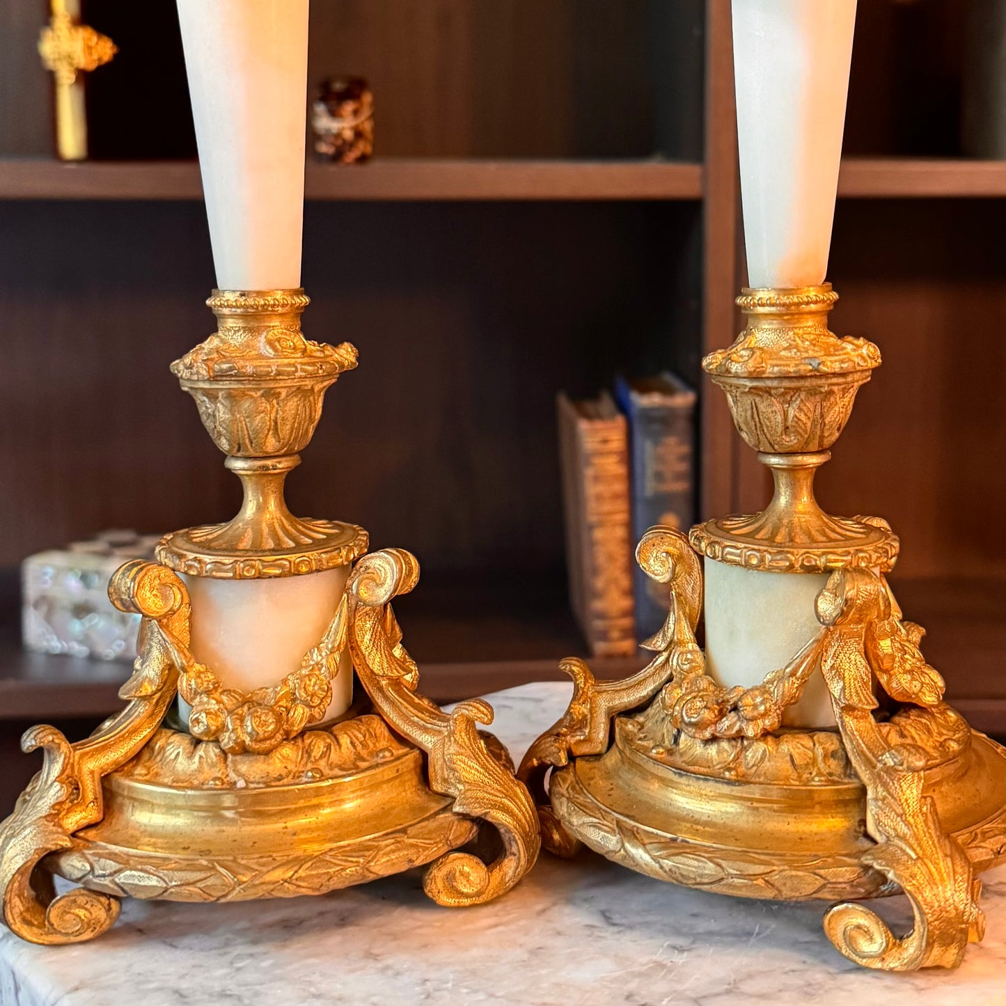 Antique Pair of French Doré Bronze & Marble Candlesticks