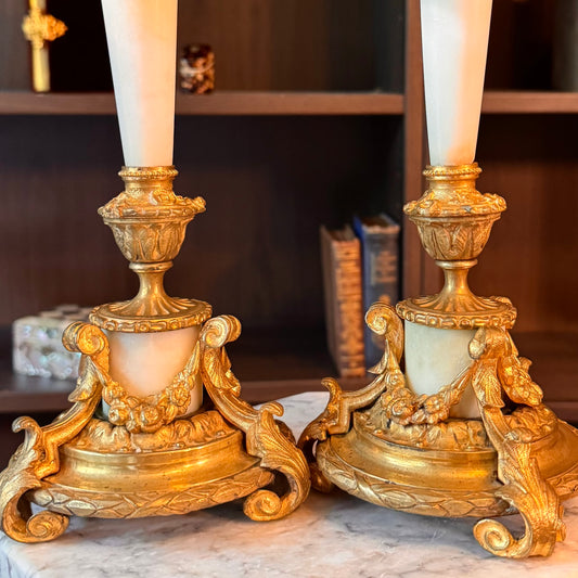 Antique Pair of French Doré Bronze & Marble Candlesticks