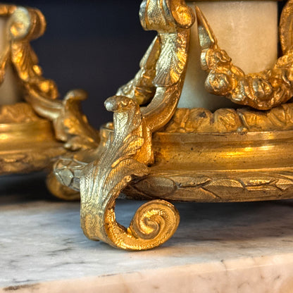 Antique Pair of French Doré Bronze & Marble Candlesticks
