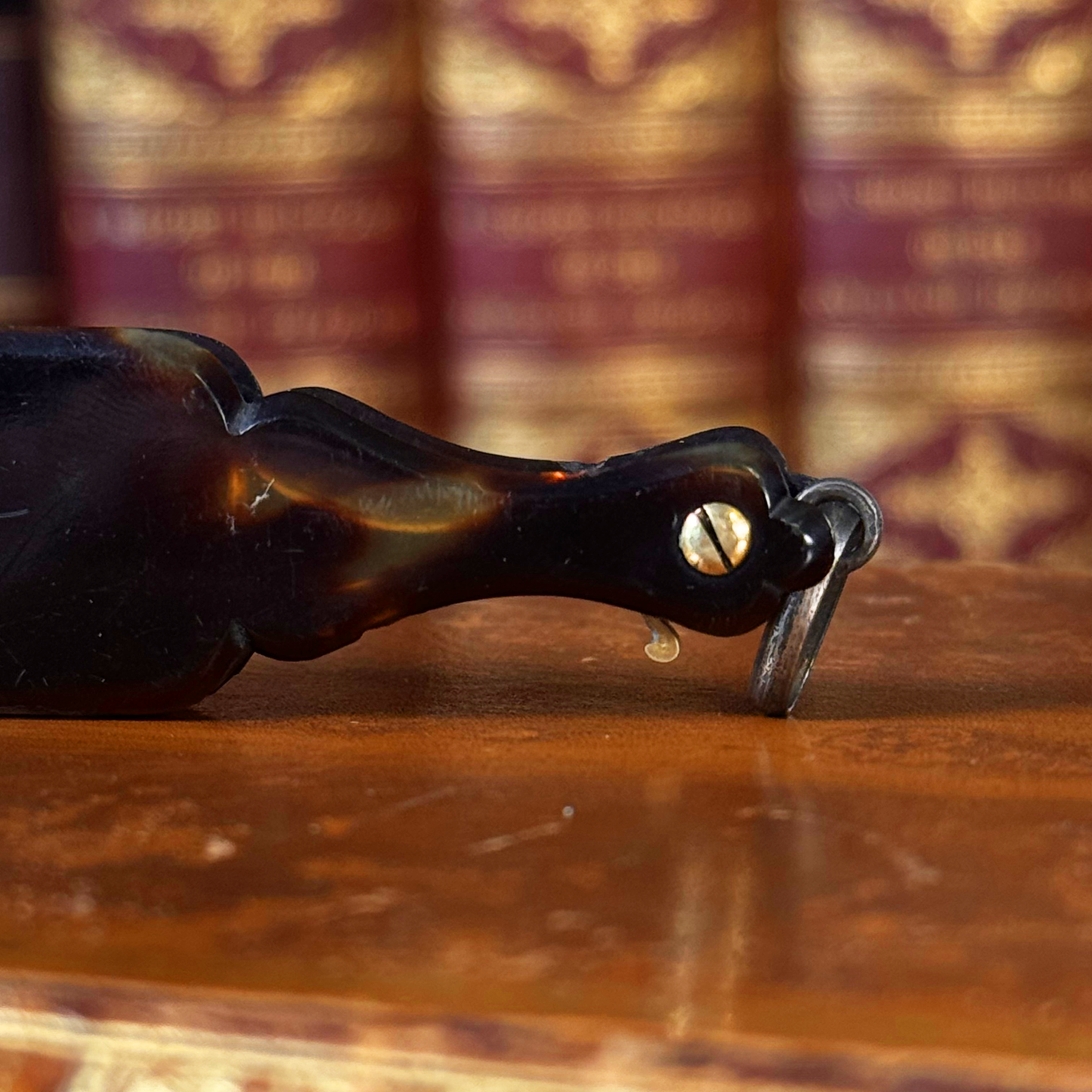 An antique folding lorgnette and spectacles, close-up of backside of handle and tab to open