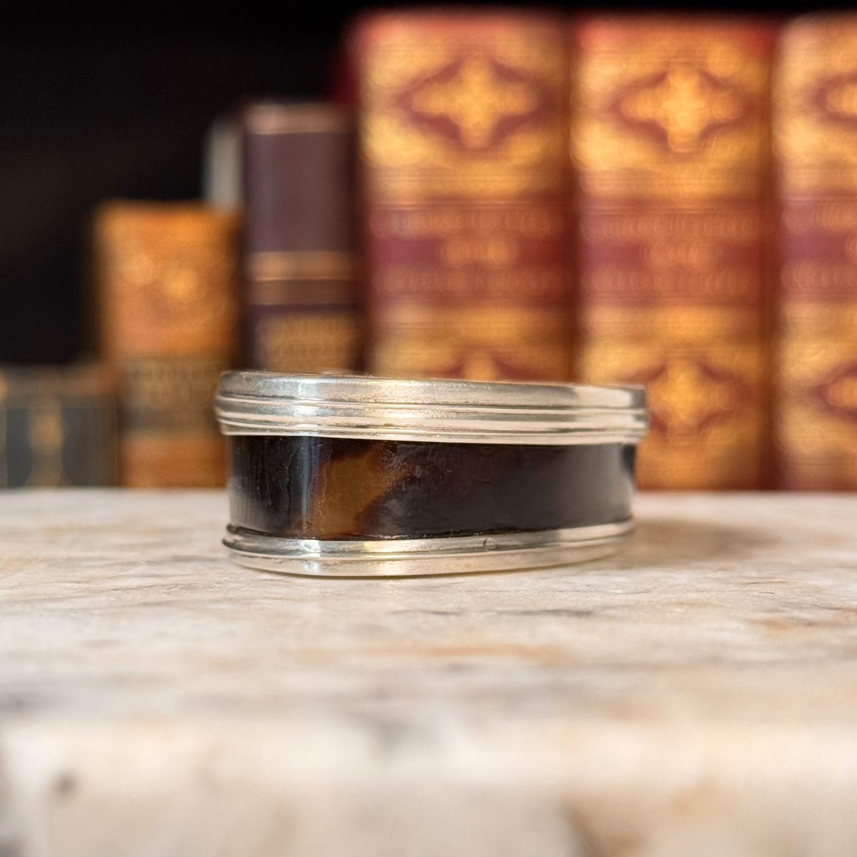 An antique oval tortoiseshell, mother-of-pearl, and silver snuff box, shown from the front highlight the tortoiseshell and silver mounting