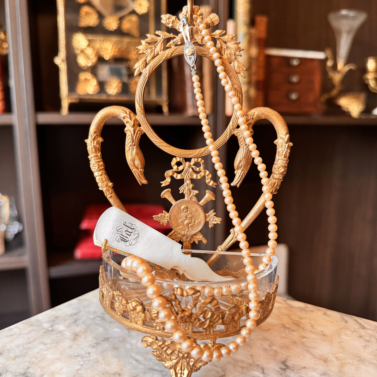 Antique Gilded Swan Catchall and Pocket Watch Display