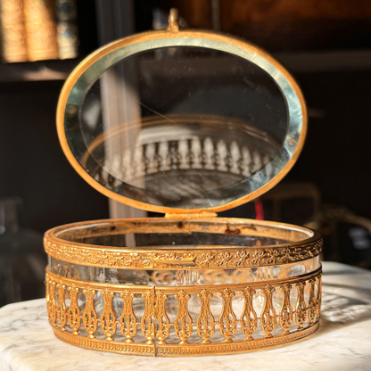 Antique Bronze Doré Jewelry Casket with Beveled & Blown Glass