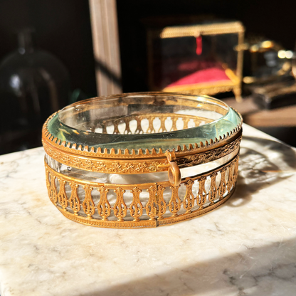 Antique Bronze Doré Jewelry Casket with Beveled & Blown Glass