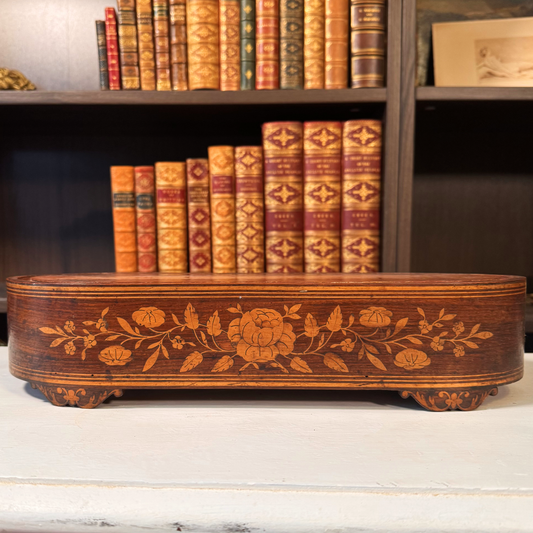 Antique wood marquetry riser, empty, front view showing floral inlay across the front panel