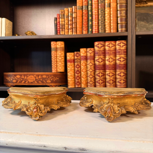 Pair of antique gilt wood and gesso risers on a bookshelf, front view
