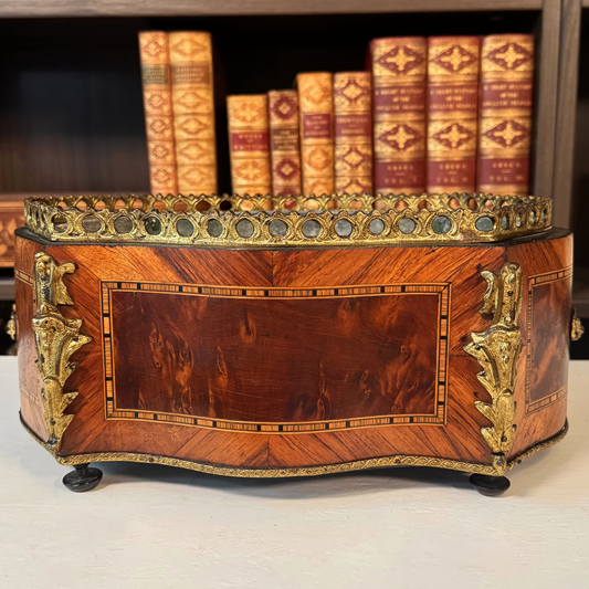 Antique miniature French marquetry jardinière, front view showing burlwood panel and gilt bronze corner mounts