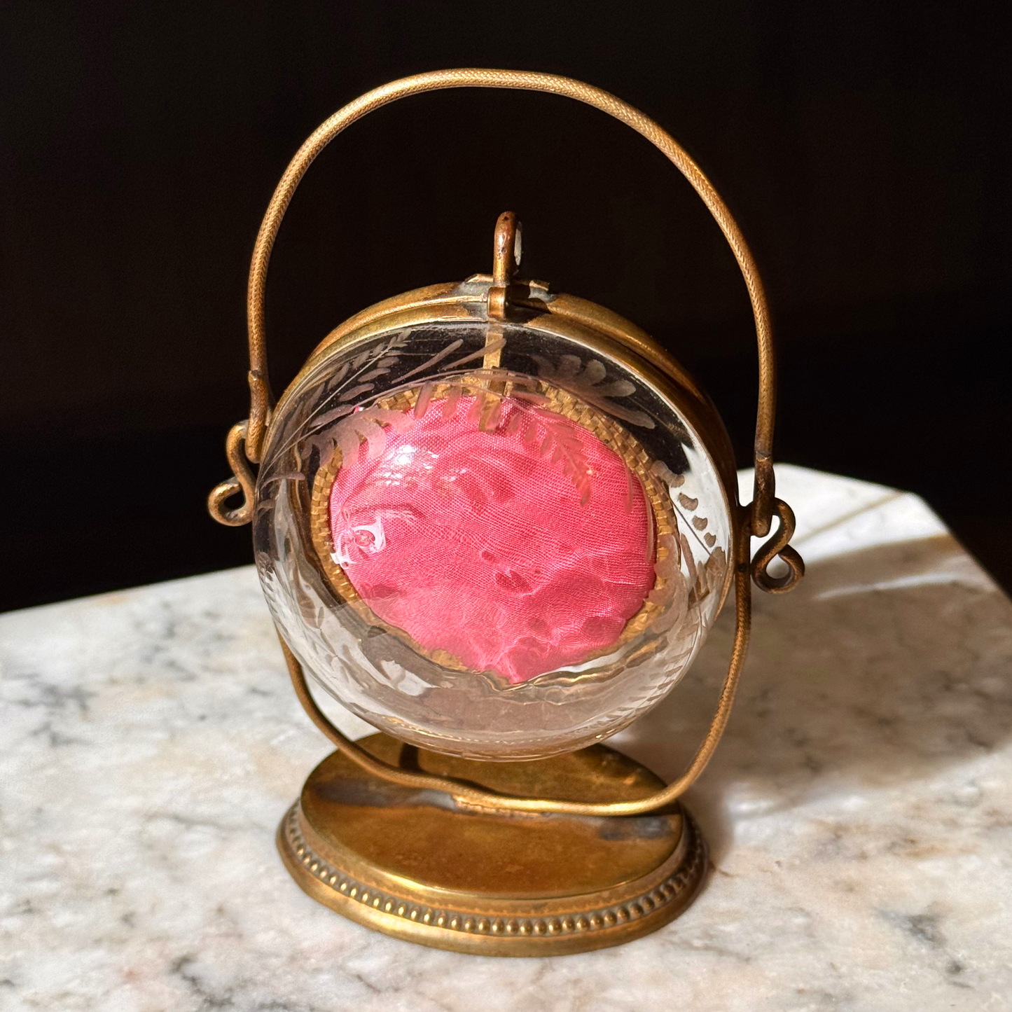 Antique Blown & Etched Glass Pocket Watch Display Casket