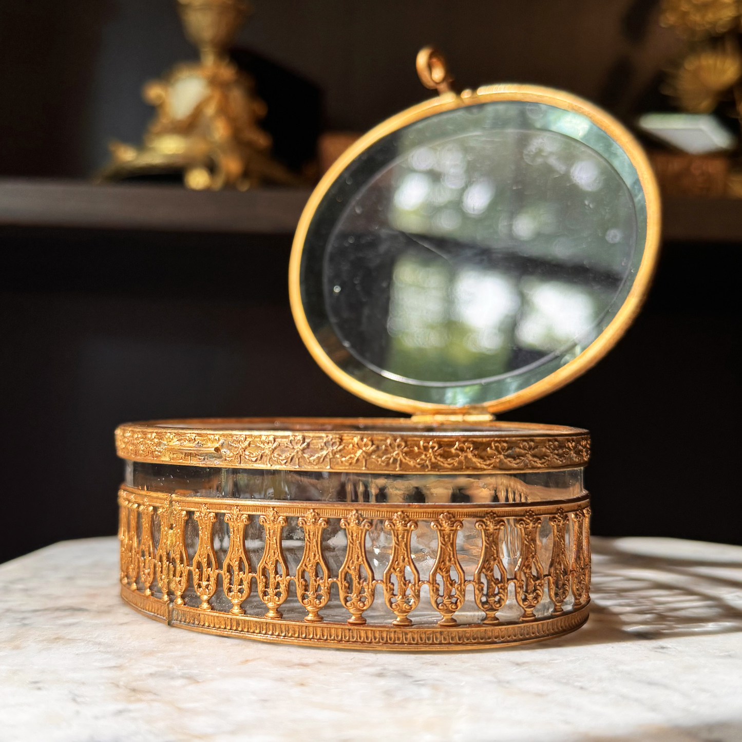 Antique Bronze Doré Jewelry Casket with Beveled & Blown Glass