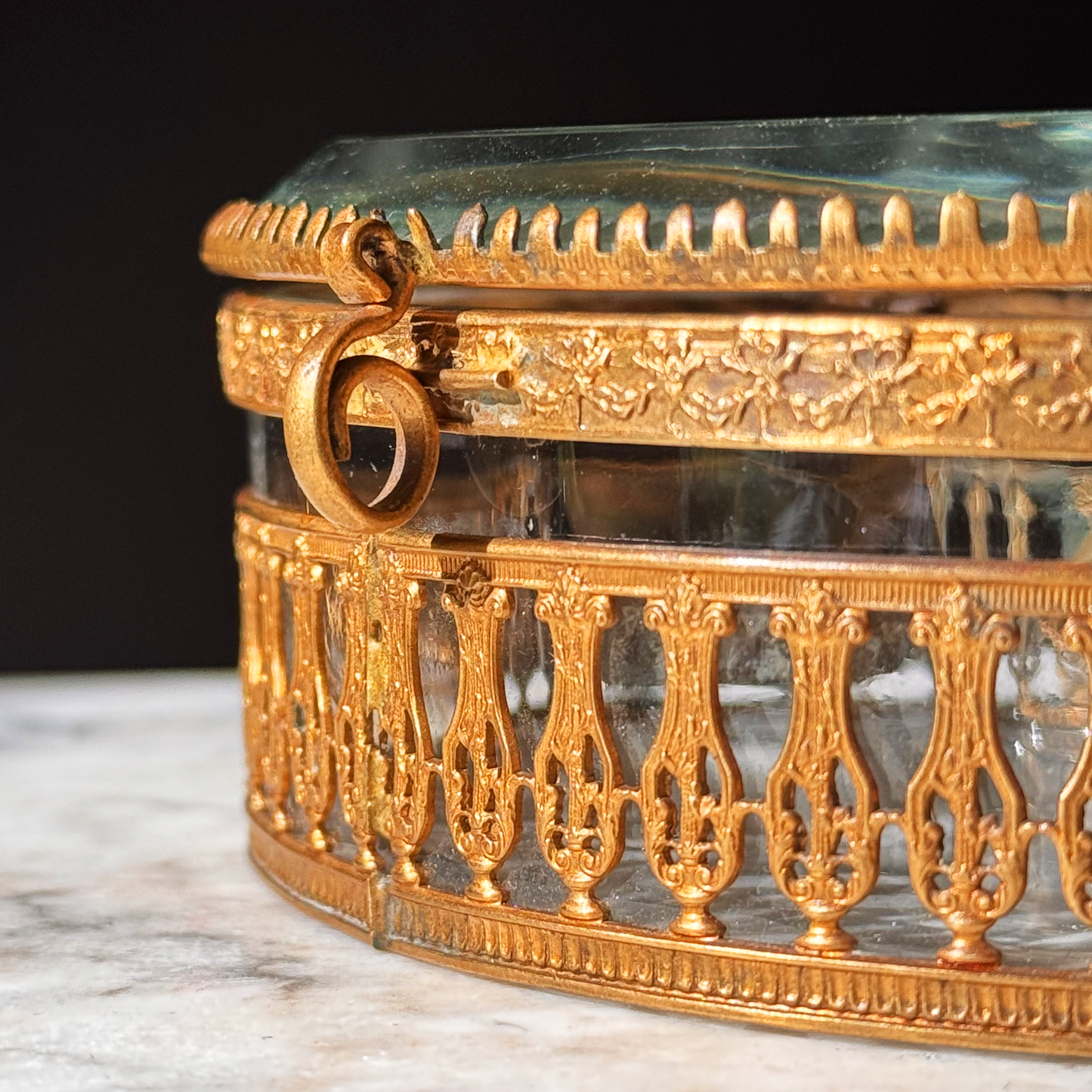 Antique Bronze Doré Jewelry Casket with Beveled & Blown Glass