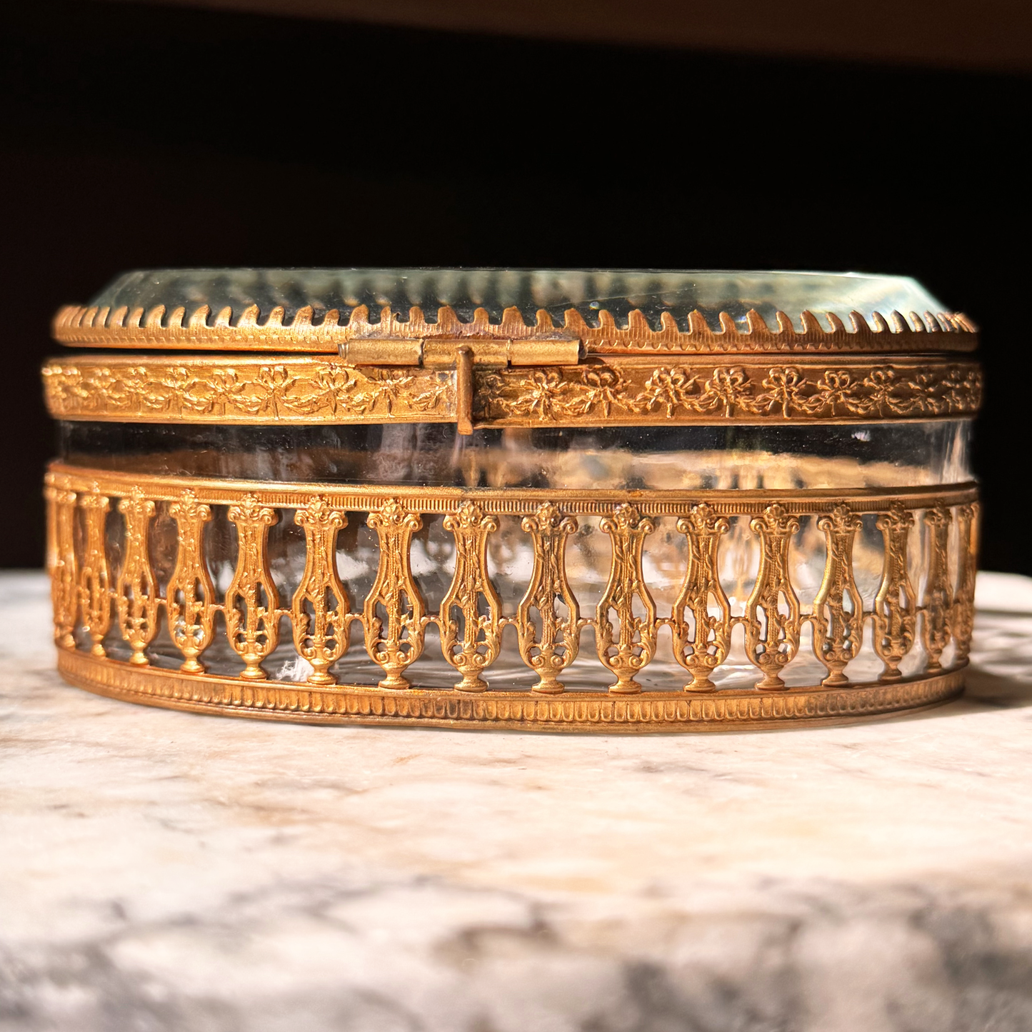 Antique Bronze Doré Jewelry Casket with Beveled & Blown Glass