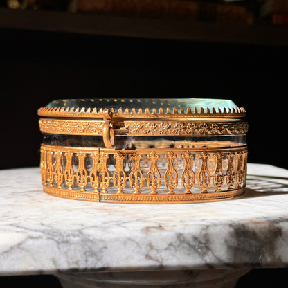 Antique Bronze Doré Jewelry Casket with Beveled & Blown Glass