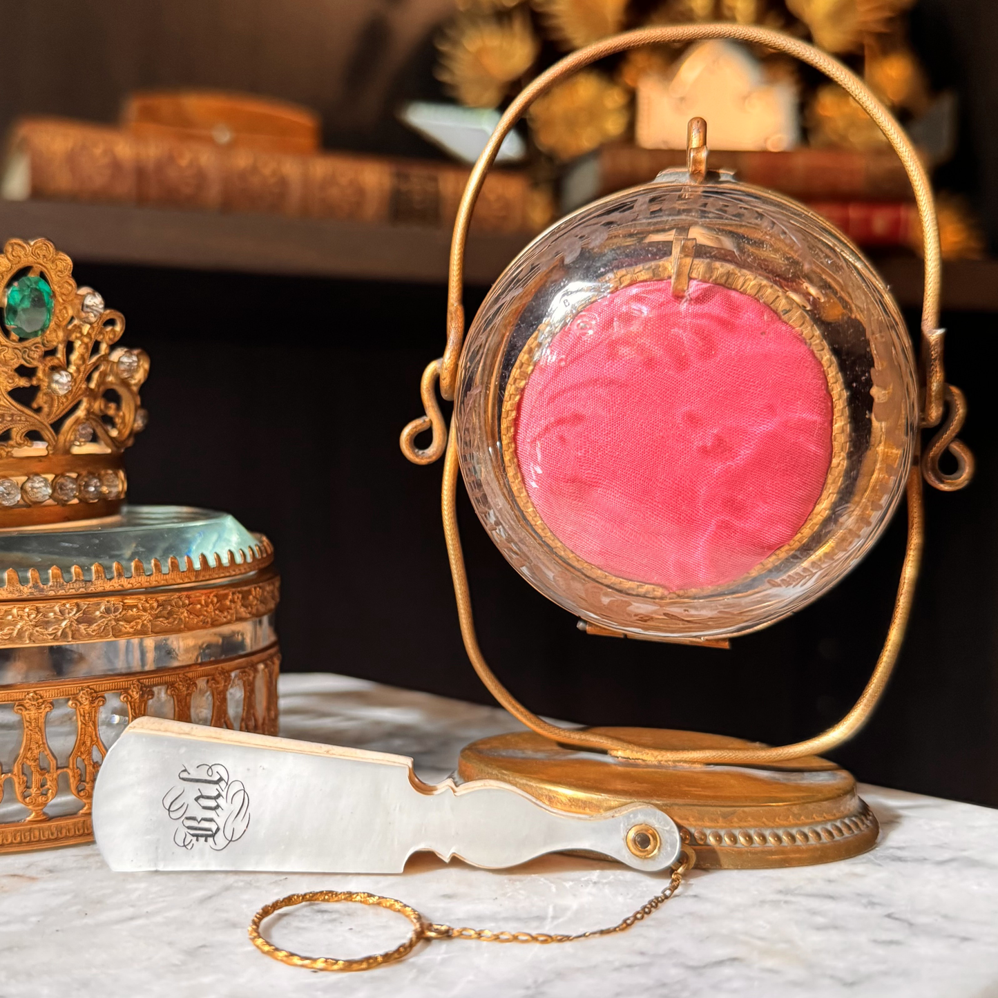 Antique Blown & Etched Glass Pocket Watch Display Casket
