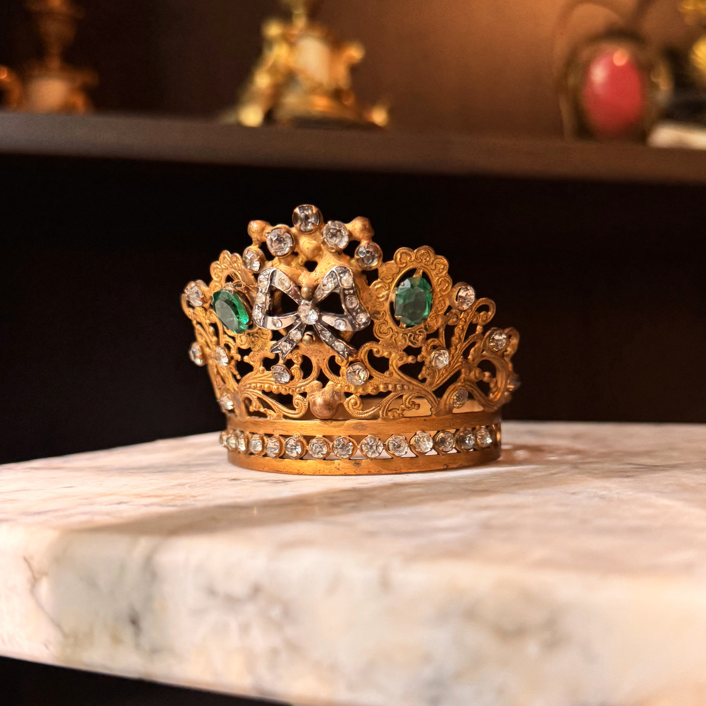 Antique Bejeweled Santos Crown with Bow Accent